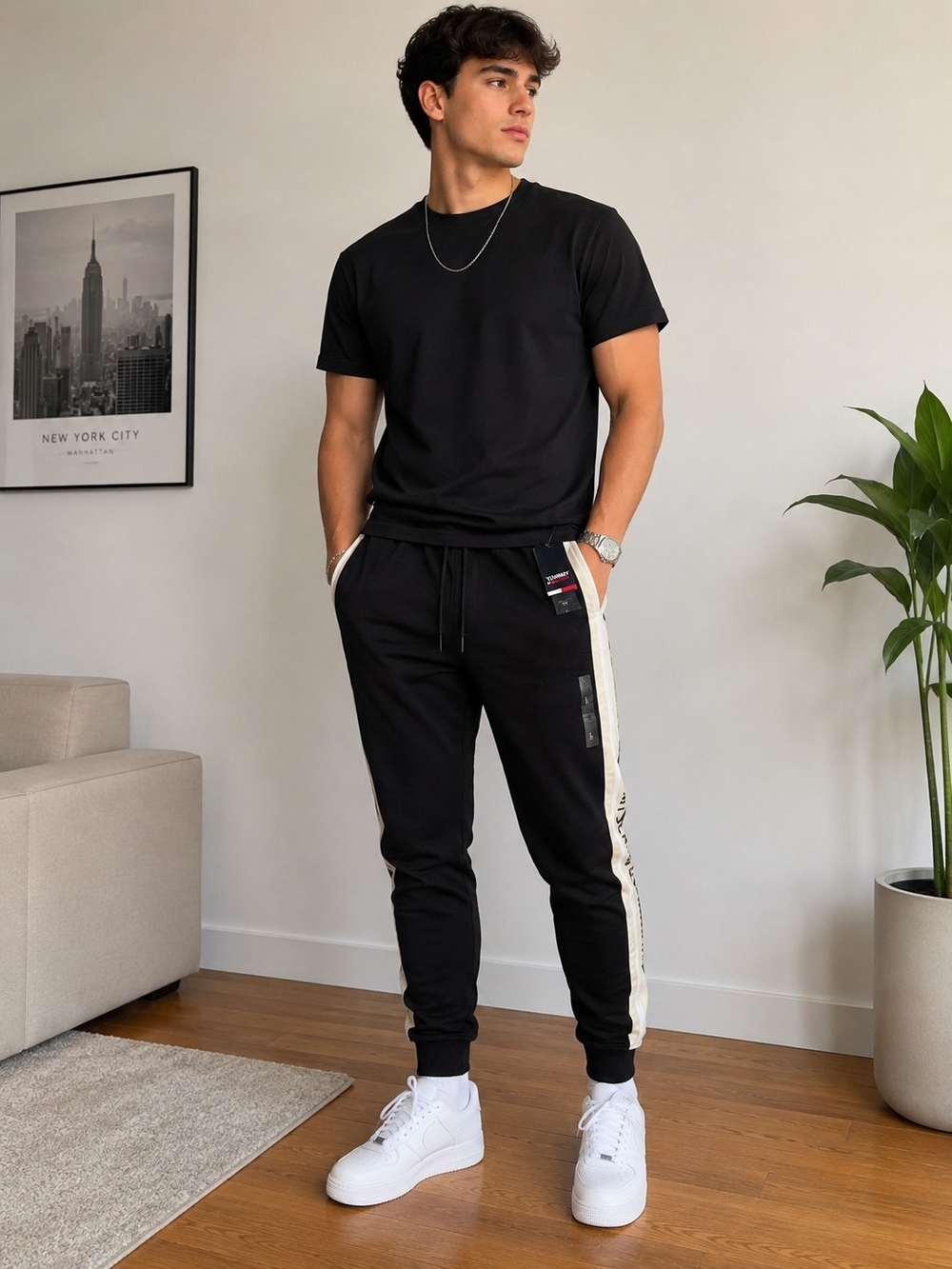Tommy Hilfiger Black Joggers with Cream Side Stripe